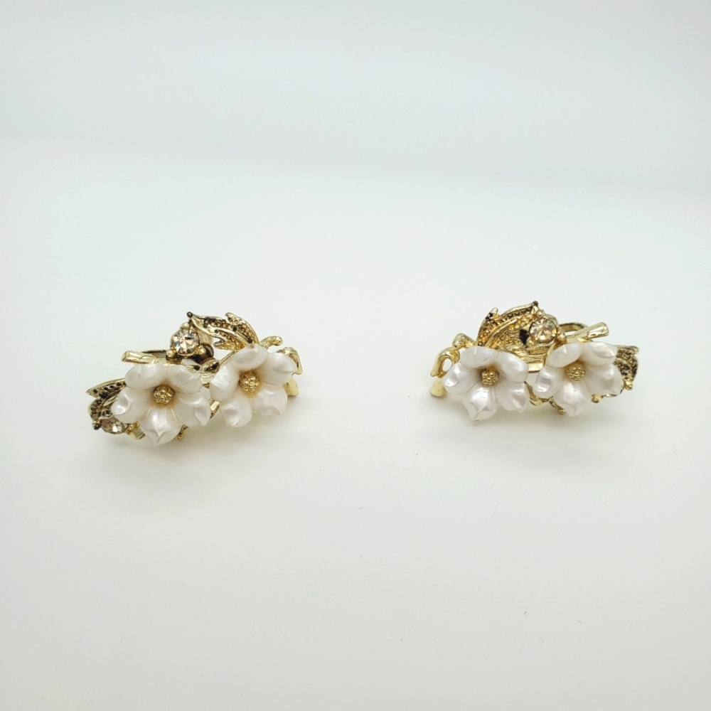 Gold-Tone White Floral Clip-On Earrings